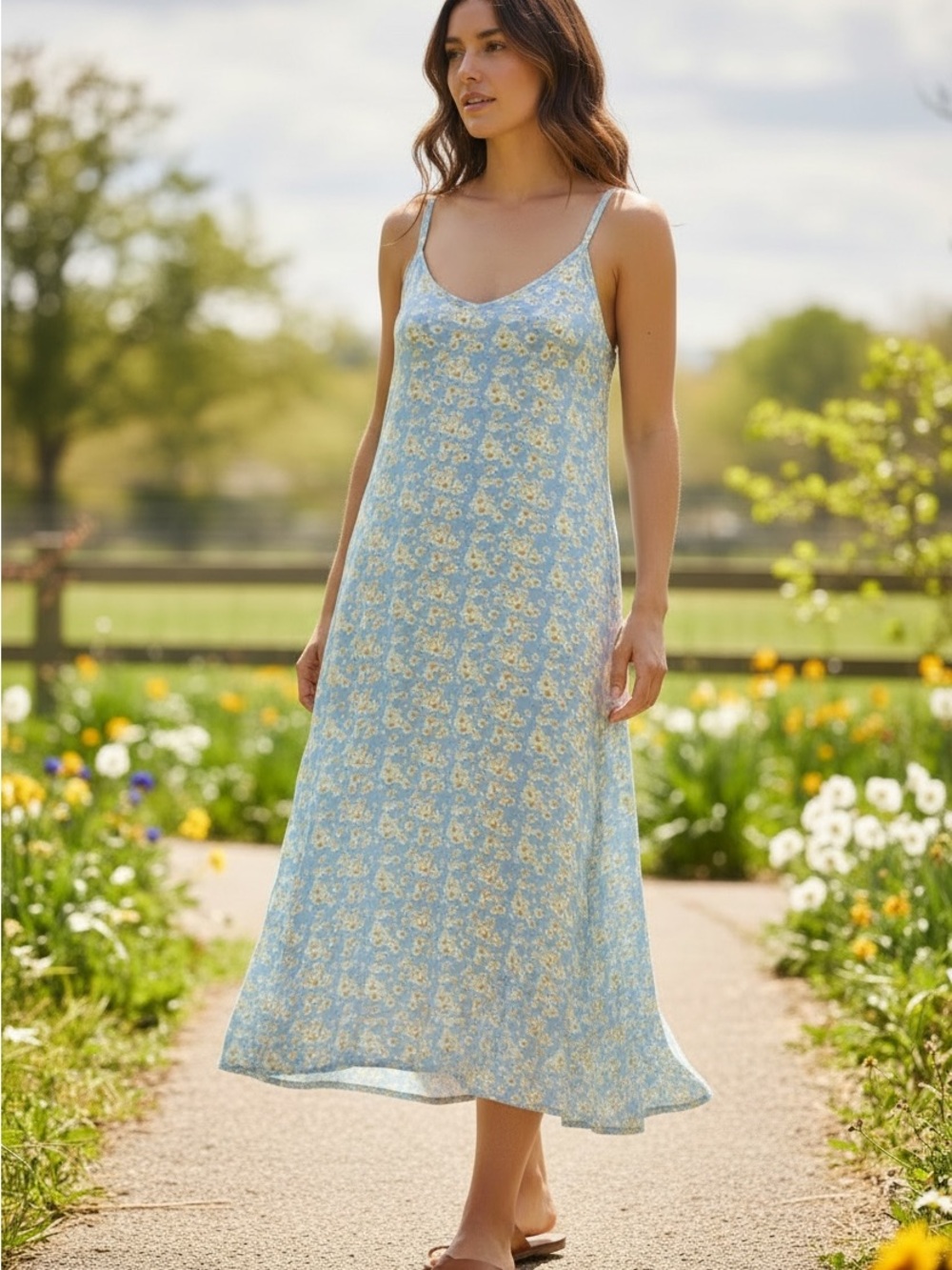 Onia Womens Midi Dress Size Medium Ditsy Floral Blue with Daisy Print Scoopneck